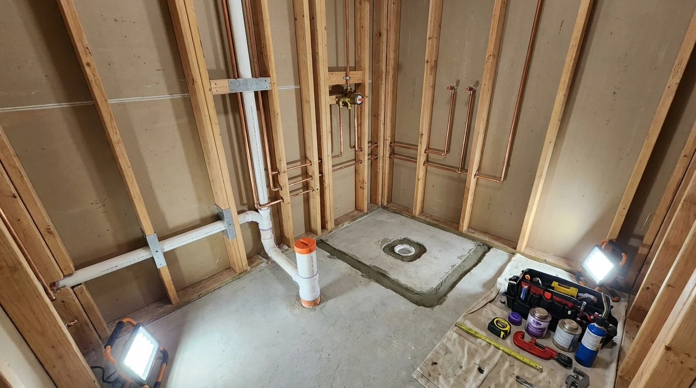 Bathroom rough-in plumbing during remodel by Johns Plumbing LLC in Omro