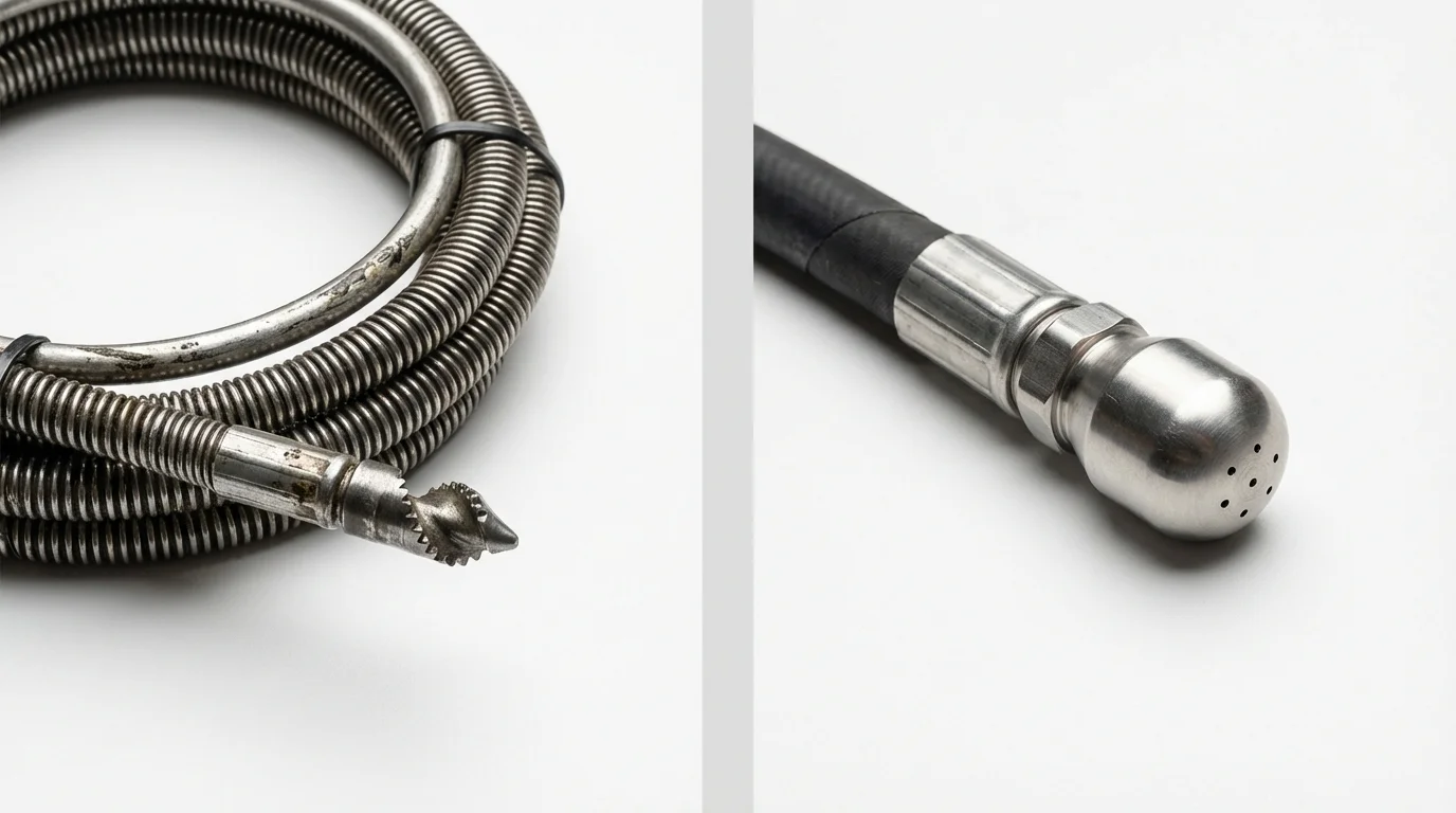 Drain snake cable and hydro jetting nozzle used for drain cleaning in Omro, WI