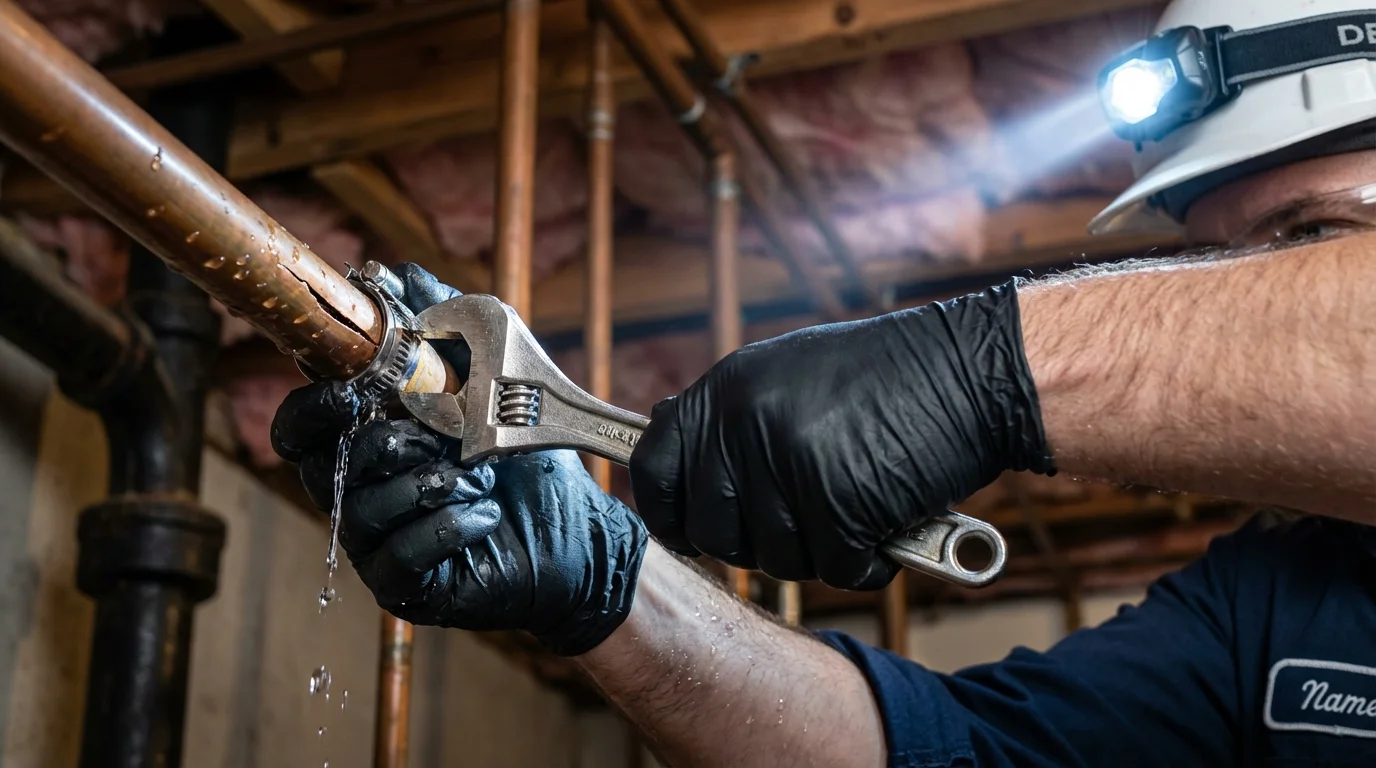 Emergency pipe clamp repair being performed by a Johns Plumbing LLC plumber in Omro