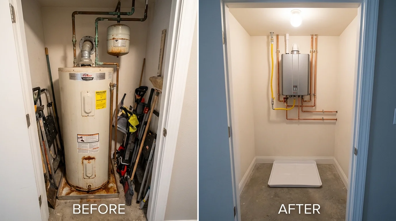 Tank water heater versus wall-mounted tankless unit comparison for Omro, WI homeowners