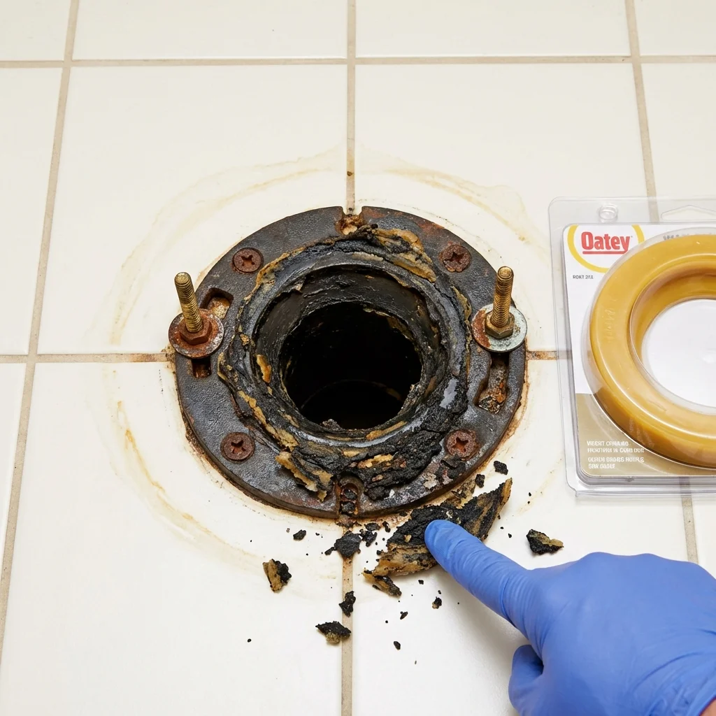 Failed wax ring showing water seepage at the base of a toilet in a Omro, WI home