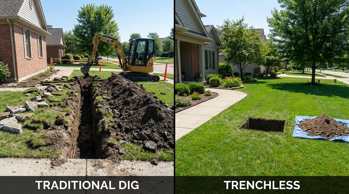 Trenchless sewer repair with minimal yard damage versus traditional excavation in Omro, WI