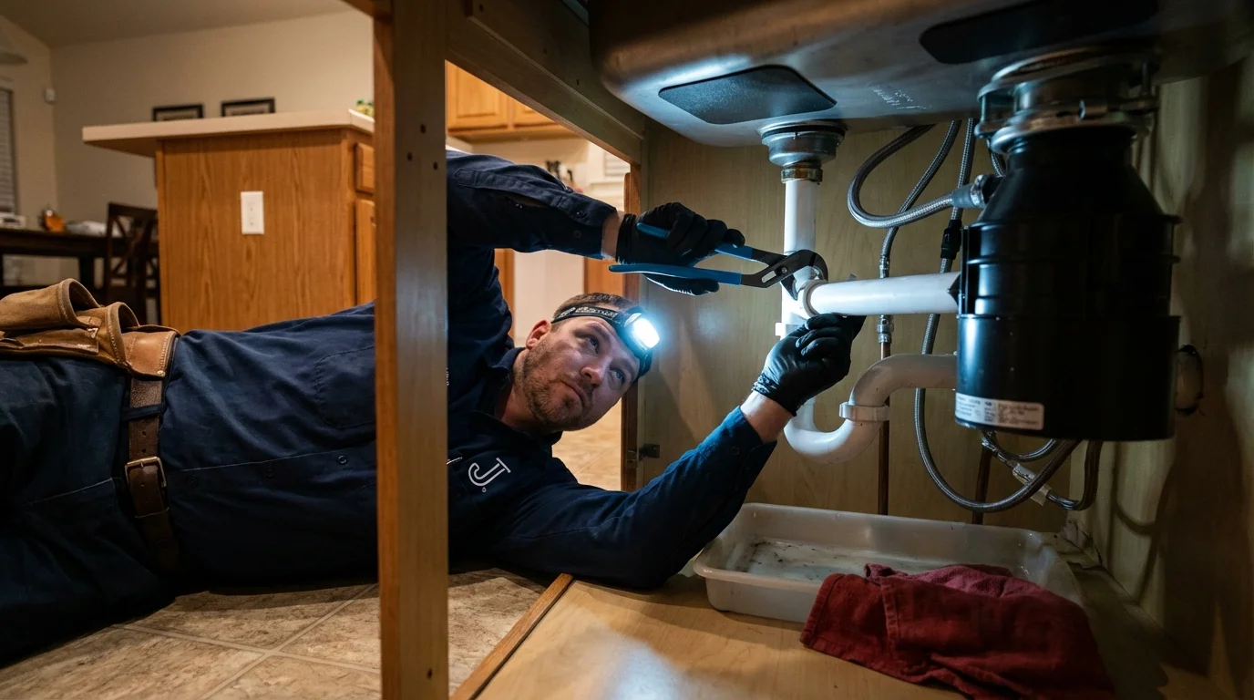 P-trap and supply line connections under a kitchen sink showing a common leak point in Omro, WI